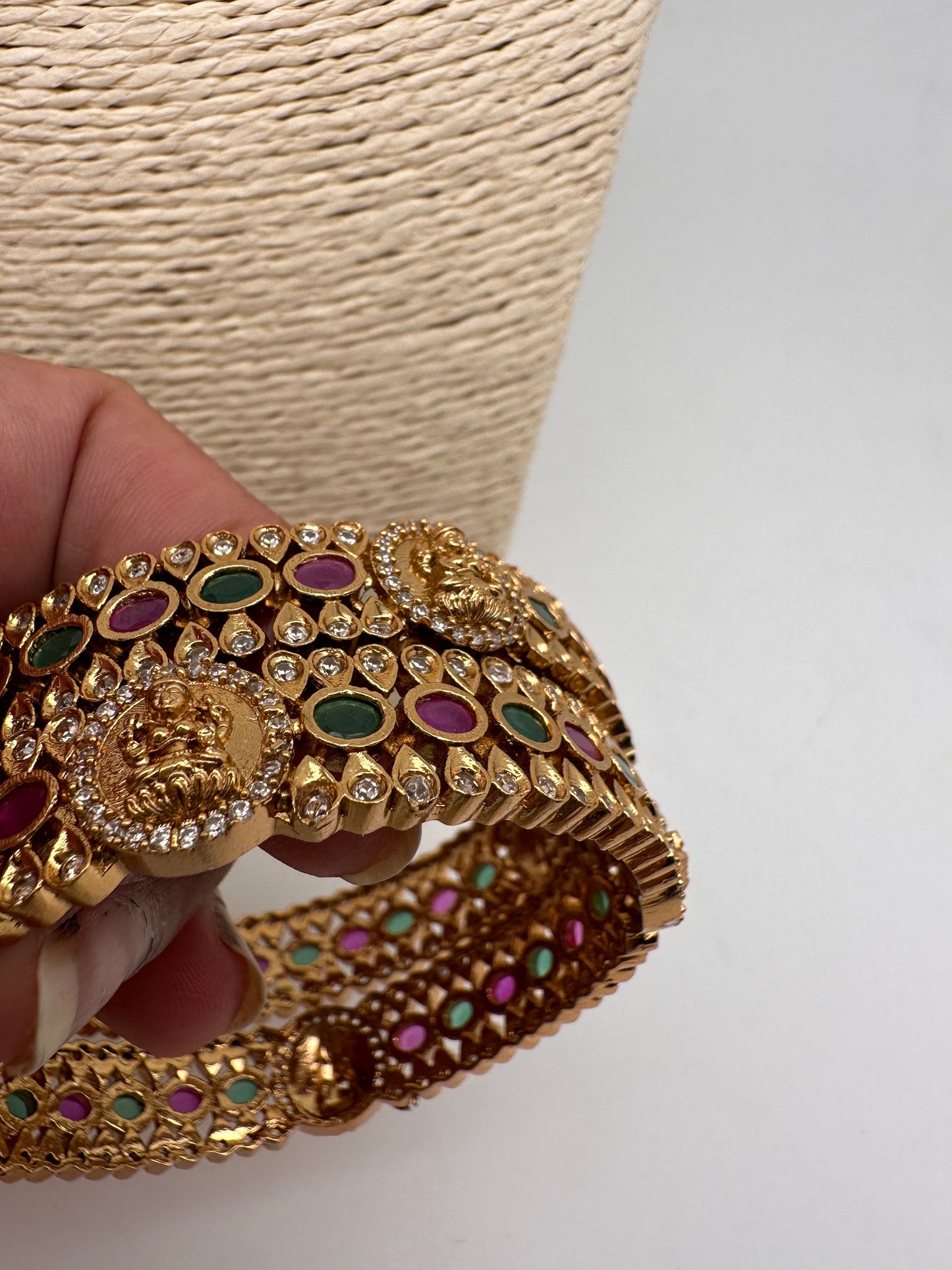 AD Red Green Stone Goddess Lakshmi Matte Finish Bangles