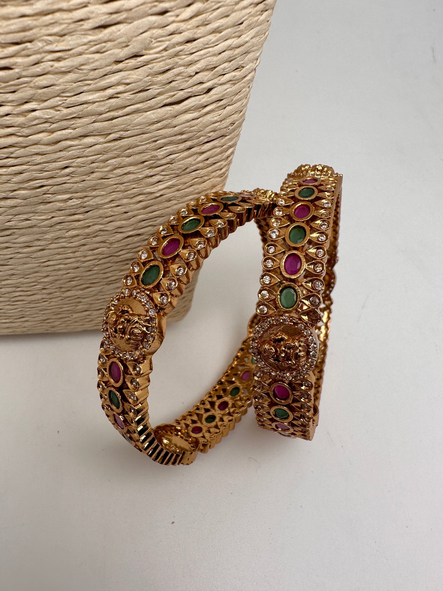 AD Red Green Stone Goddess Lakshmi Matte Finish Bangles
