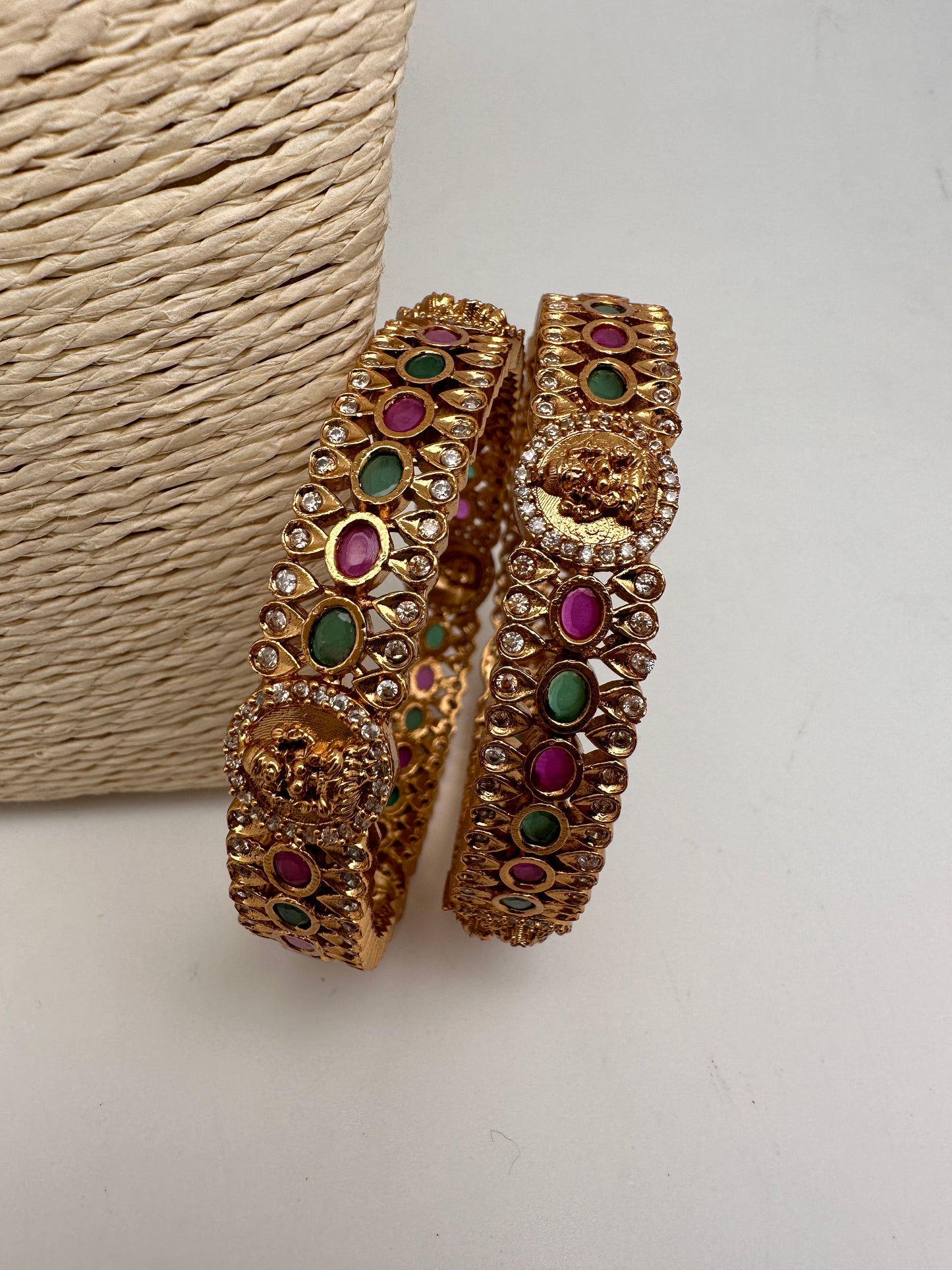 AD Red Green Stone Goddess Lakshmi Matte Finish Bangles