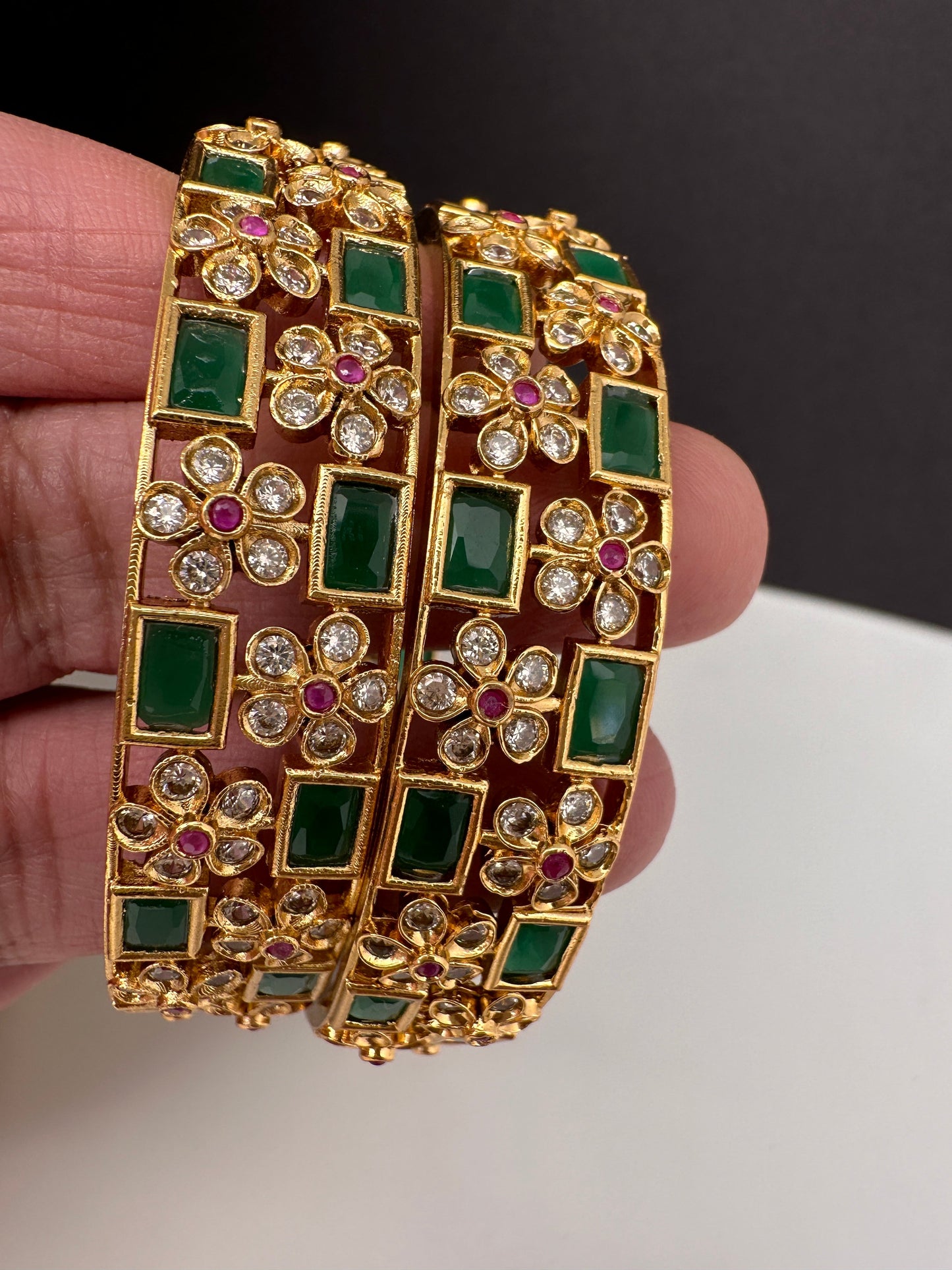 Green Stone CZ Floral Bangles