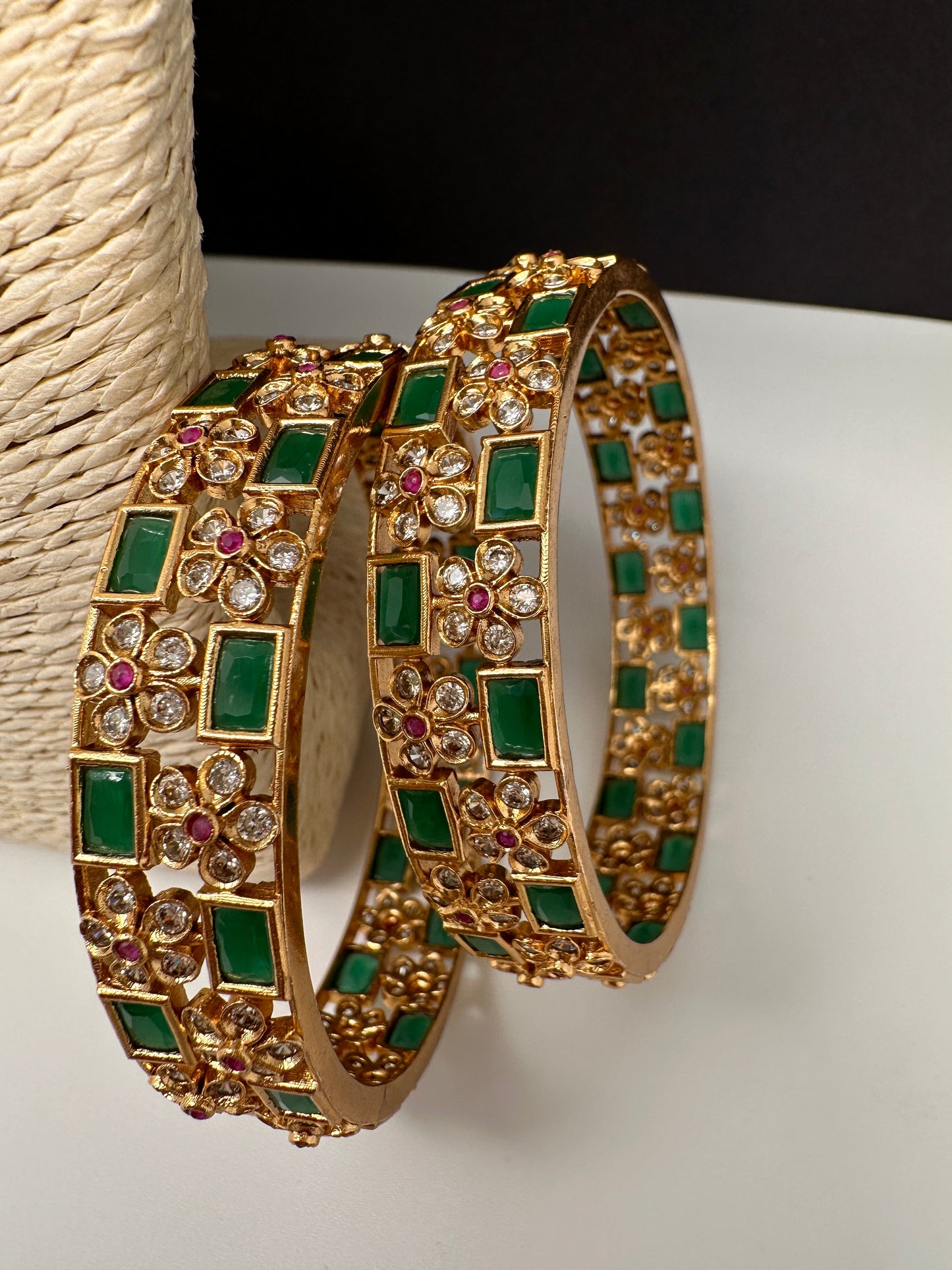 Green Stone CZ Floral Bangles