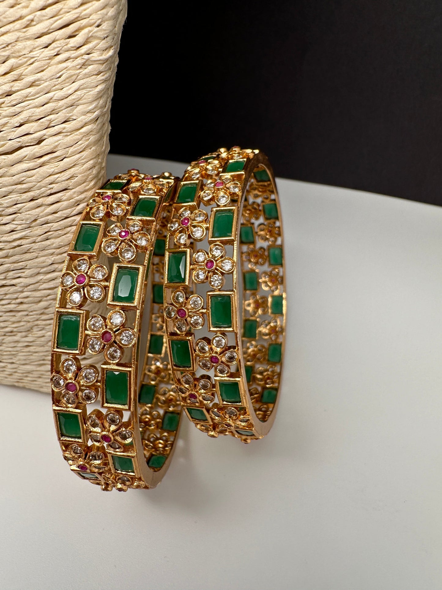 Green Stone CZ Floral Bangles