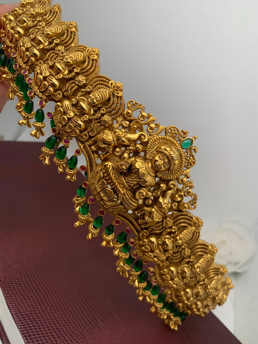 Goddess Lakshmi Nakshi Premium matte Finish With Green Beads Hip Belt