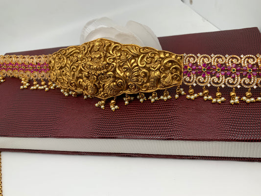 Goddess Lakshmi Nakshi with Red Stone CZ Floral Pattern Hip Chain