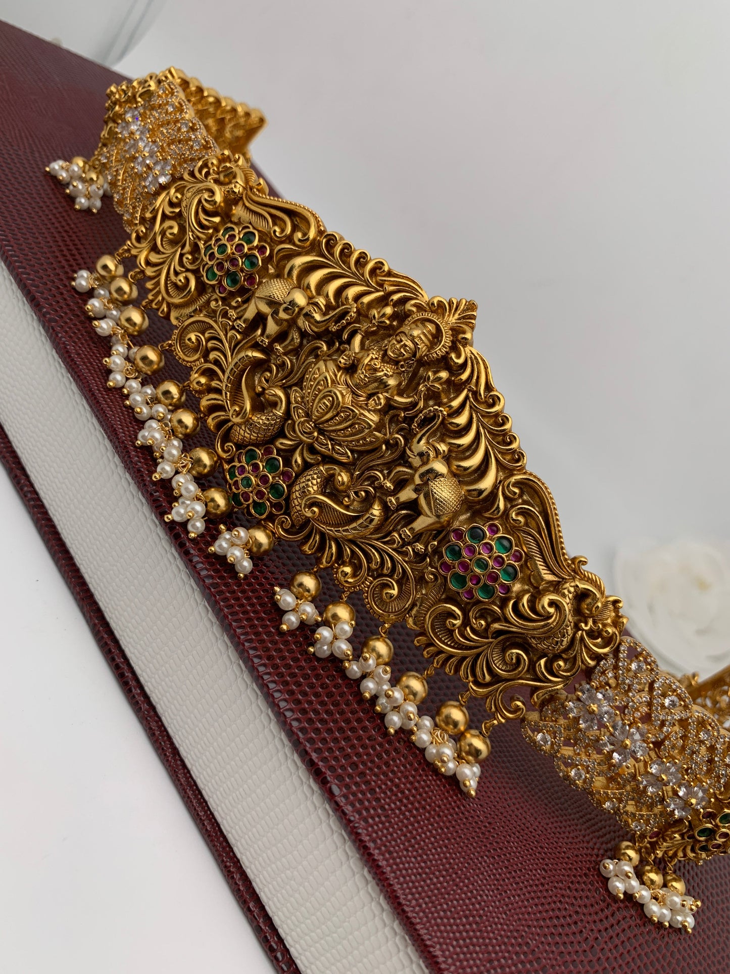 Goddess Lakshmi Nakshi with White Stone CZ Floral Pattern Hip Chain