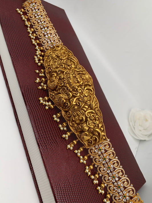 Goddess Lakshmi Nakshi with White Stone CZ Floral Pattern Hip Chain