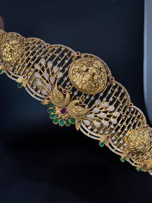 Goddess Lakshmi Peacock Nakshi Antique Finish Floral Pattern Hip Belt