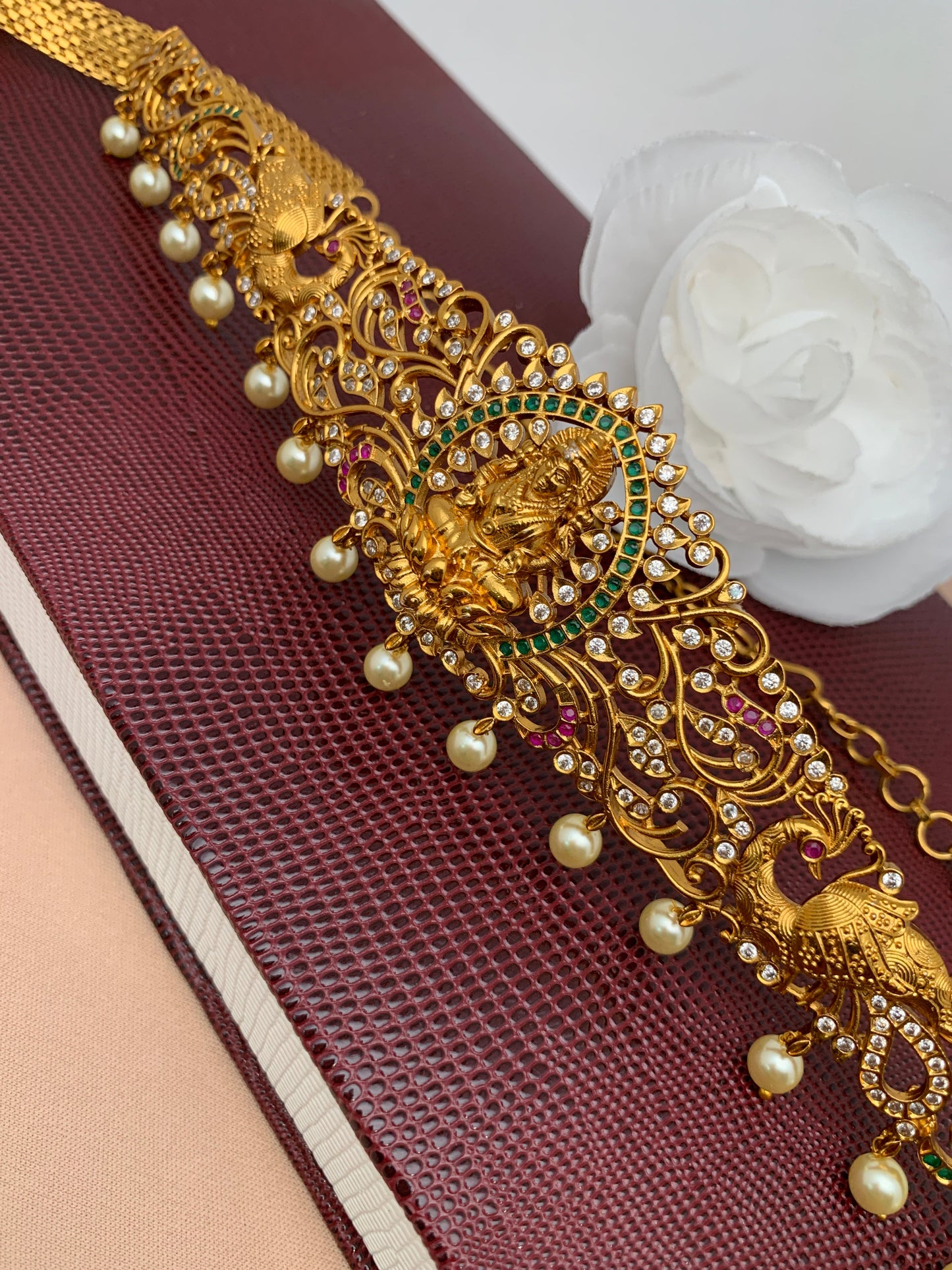 Goddess Lakshmi Peacock Multi Stone Stiff Design Matte Finish Kids Hip Belt Kamarbandh