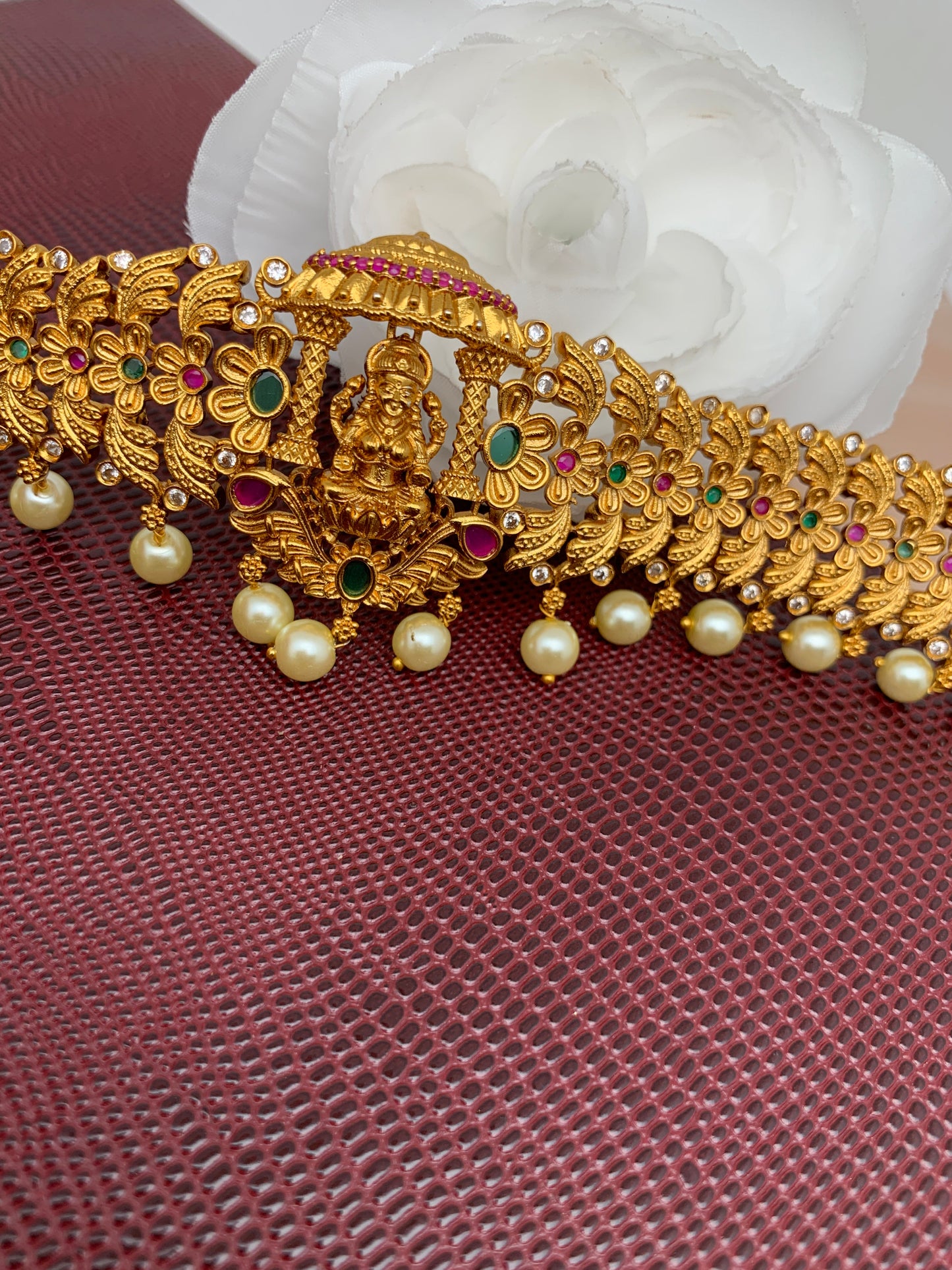 Goddess Lakshmi Floral Multi Stone Stiff Design Matte Finish Hip Belt Kamarbandh