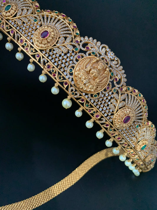 Goddess Lakshmi Nakshi Multi Stone Stiff Hip Chain Kamarbandh