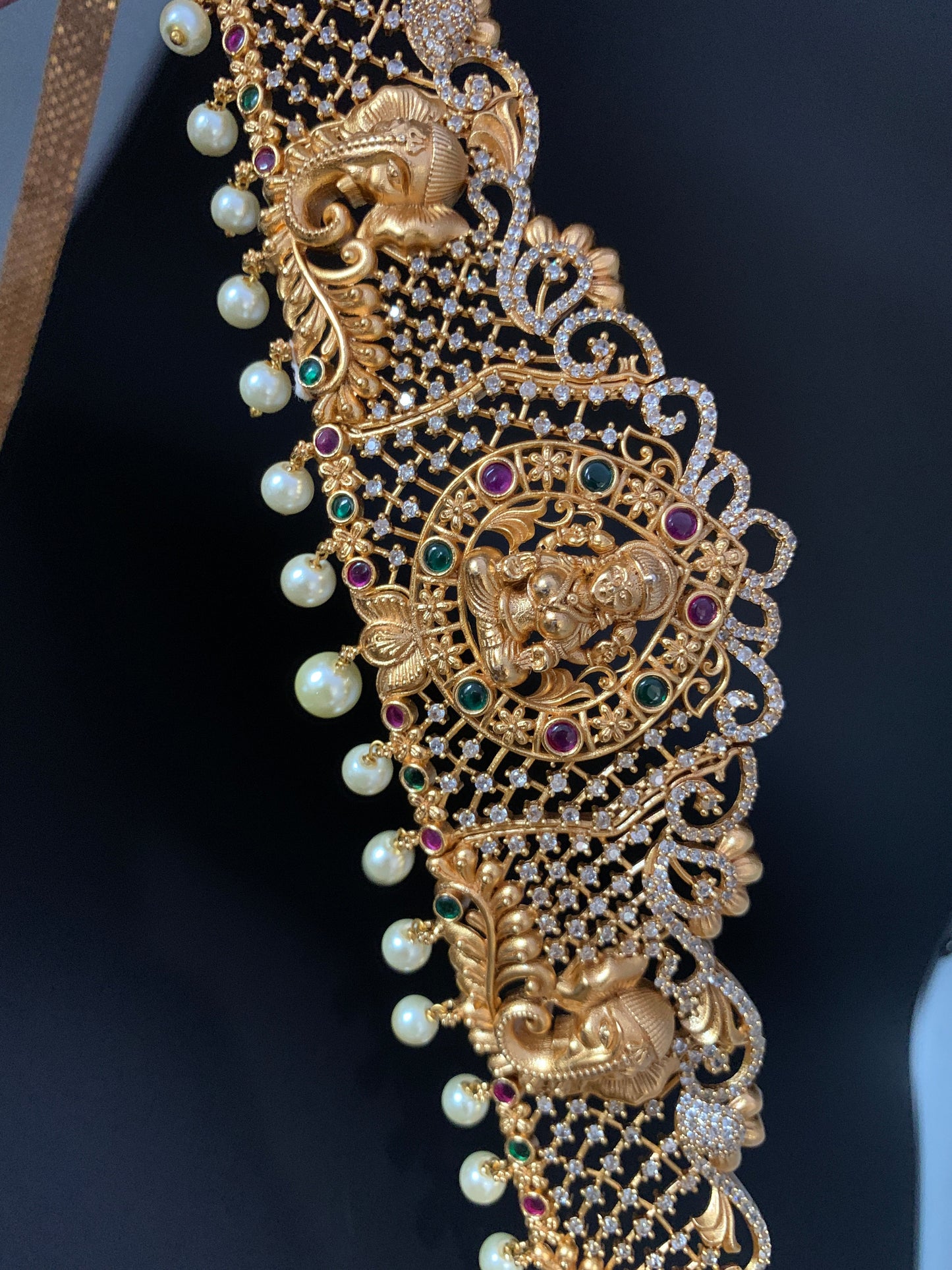 Goddess Lakshmi Ganesha Nakshi Multi Stone AD Stiff Hip Chain Kamarbandh