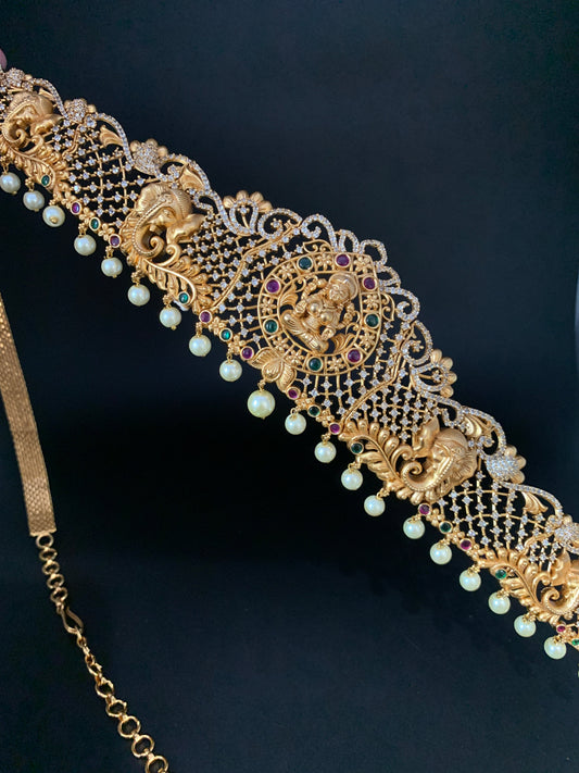 Goddess Lakshmi Ganesha Nakshi Multi Stone AD Stiff Hip Chain Kamarbandh