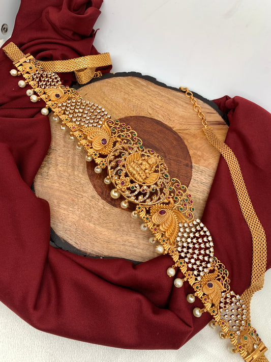 Goddess Lakshmi Peacock Nakshi AD Stiff Hip Chain Kamarbandh