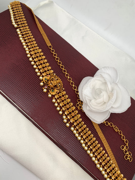Goddess Lakshmi Peacock Floral Nakshi Multi Stone AD Hip Chain Kamarbandh