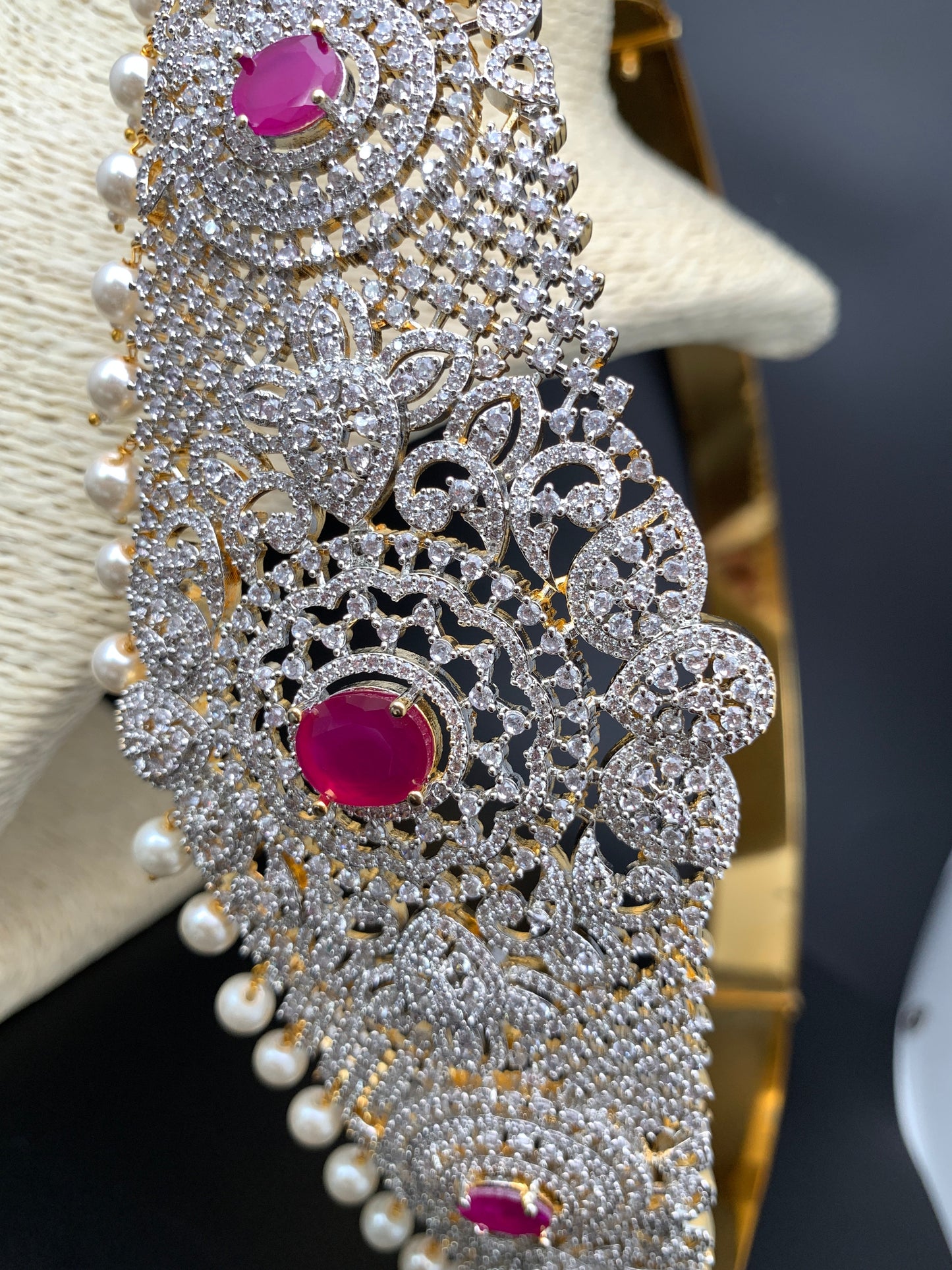 AD Floral Design Diamond Finish Red Stone Hip Belt Kamarbandh