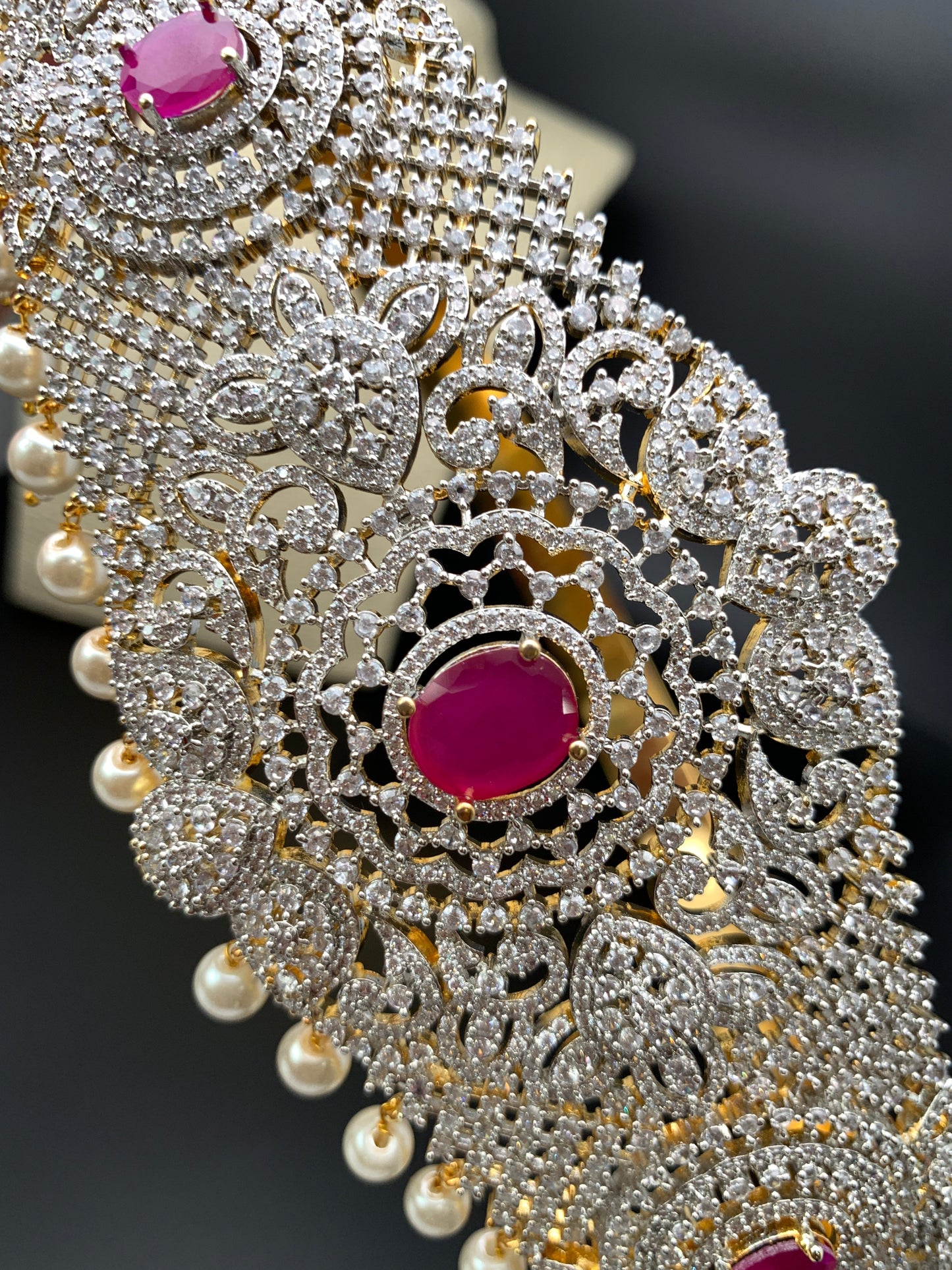 AD Floral Design Diamond Finish Red Stone Hip Belt Kamarbandh