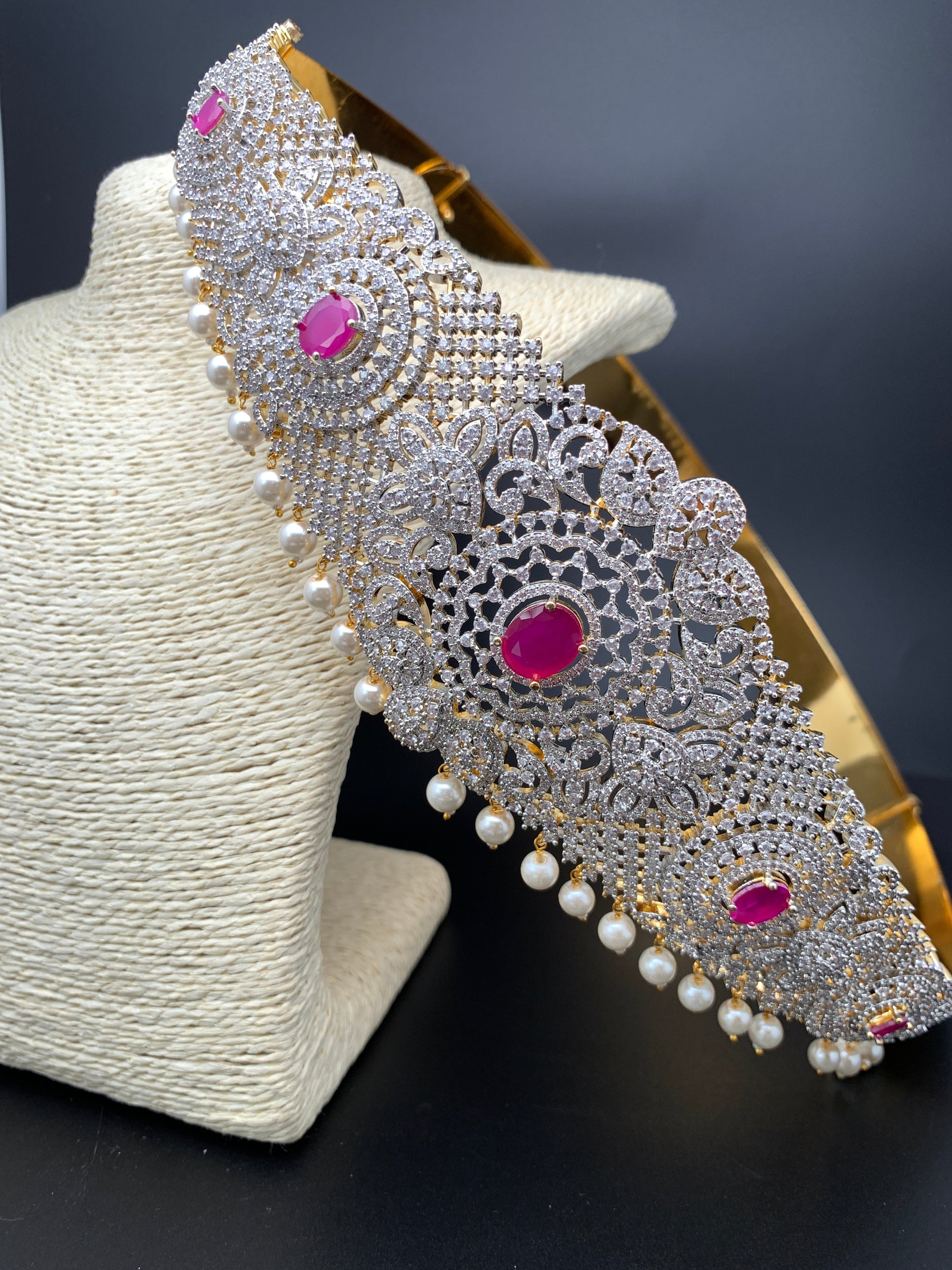 AD Floral Design Diamond Finish Red Stone Hip Belt Kamarbandh