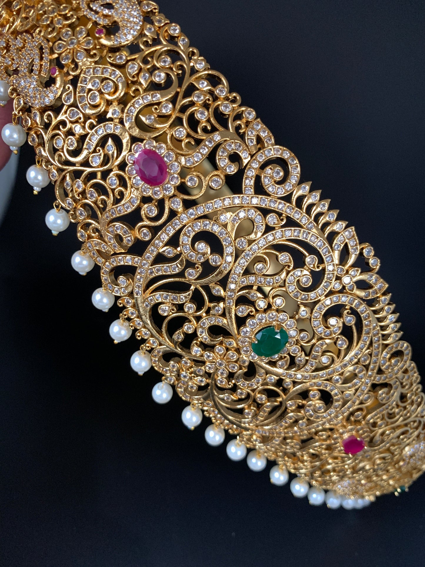CZ Peacock Red Green Stone Hip Belt Kamarbandh