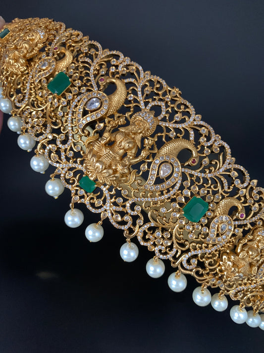 Goddess Lakshmi CZ Peacock Green Stone Hip Belt Kamarbandh