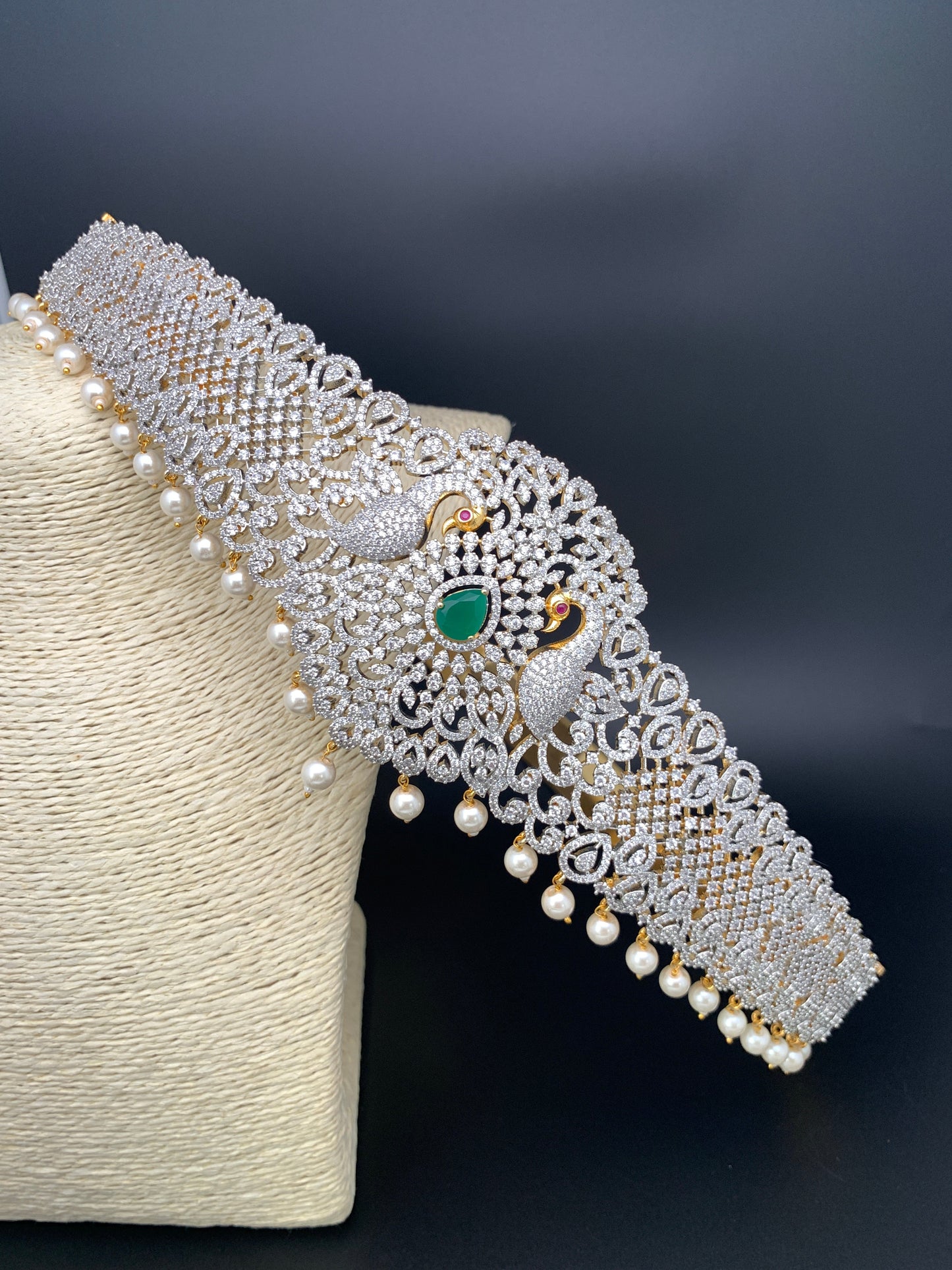 AD Diamond Finish Peacock Design Green Stone Hip Belt Kamarbandh