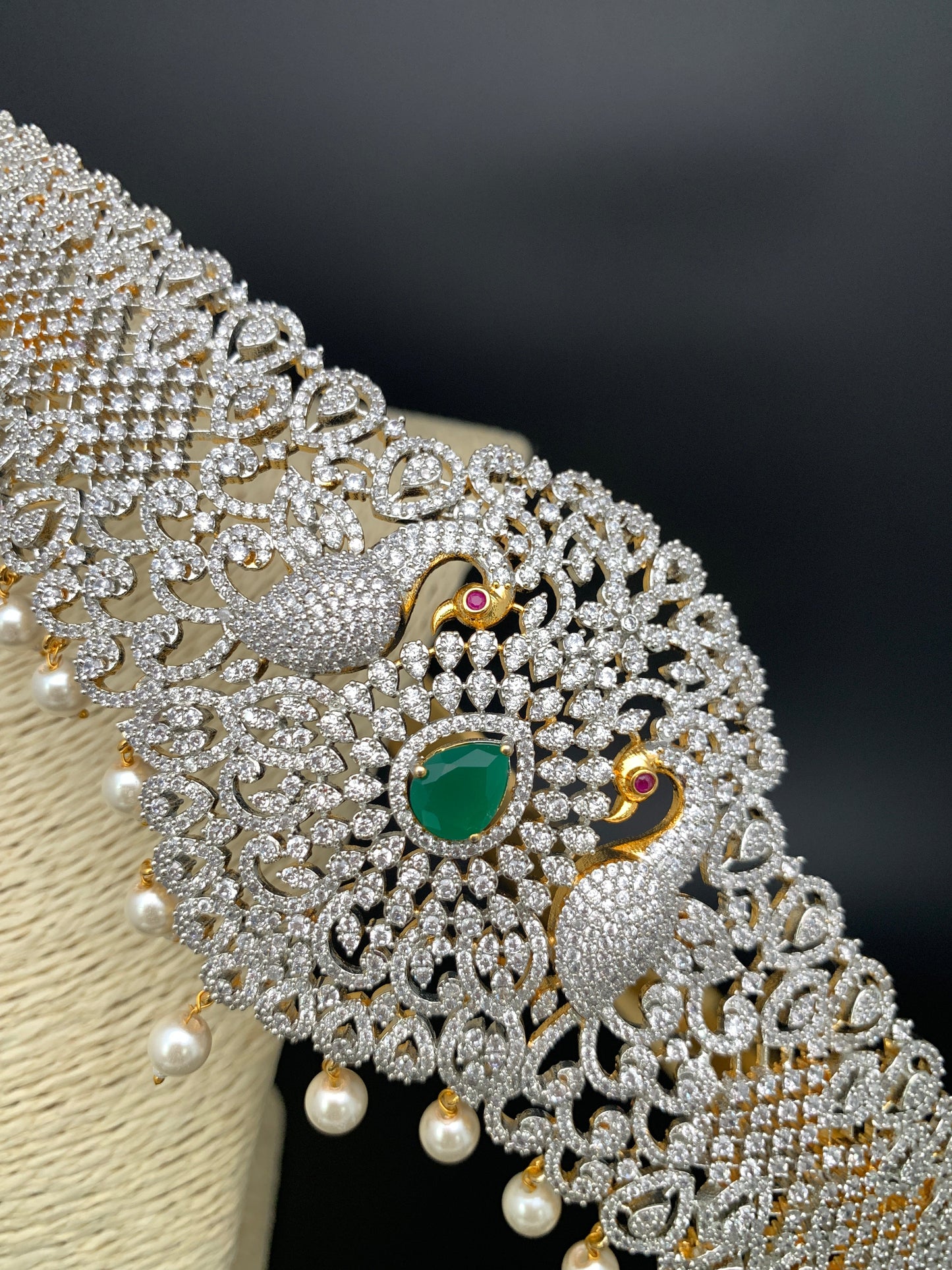 AD Diamond Finish Peacock Design Green Stone Hip Belt Kamarbandh