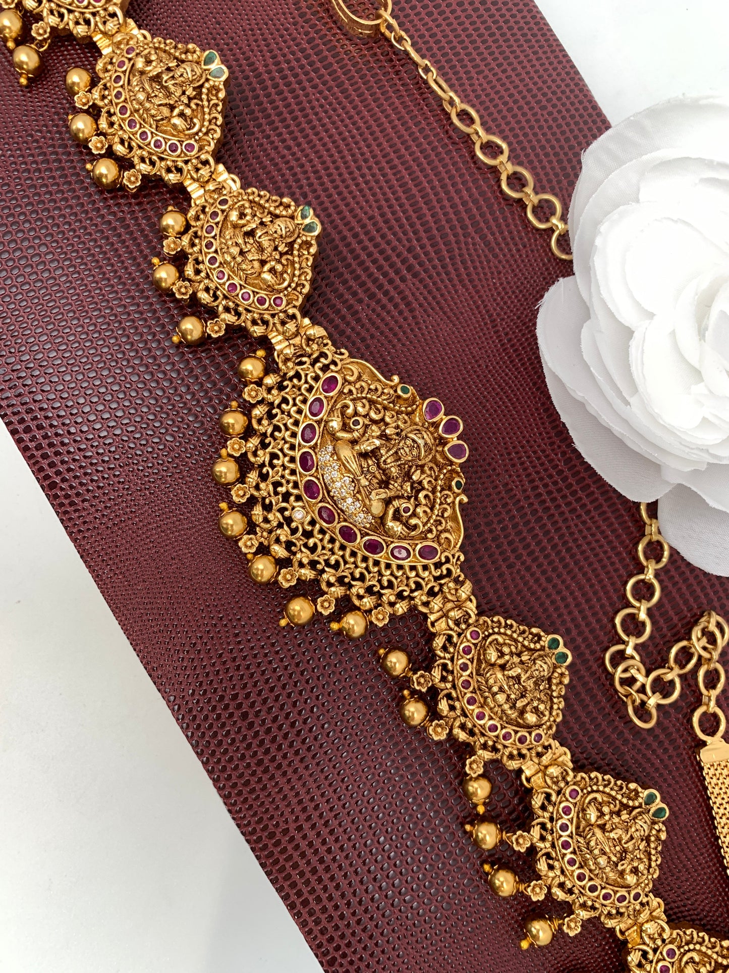 Goddess Lakshmi Red Stone Nakshi Hip Chain Kamarbandh