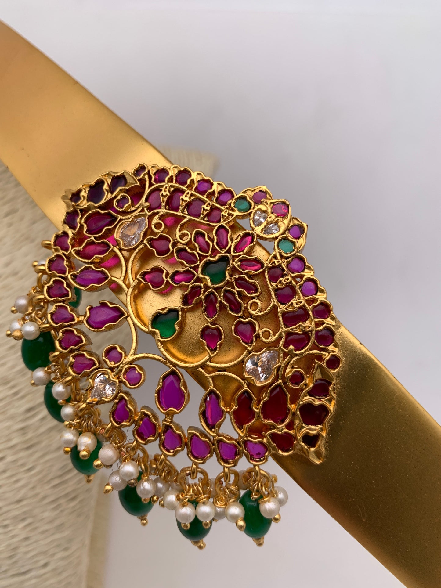 Red Kemp CZ Pearls Glossy Finish Waist Belt Vaddanam