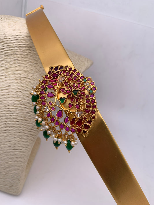 Red Kemp CZ Pearls Glossy Finish Waist Belt Vaddanam