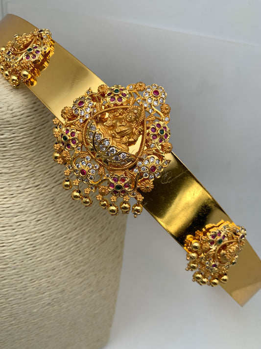 Goddess Lakshmi AD Red Green Kemp Motif Waist Belt Vaddanam