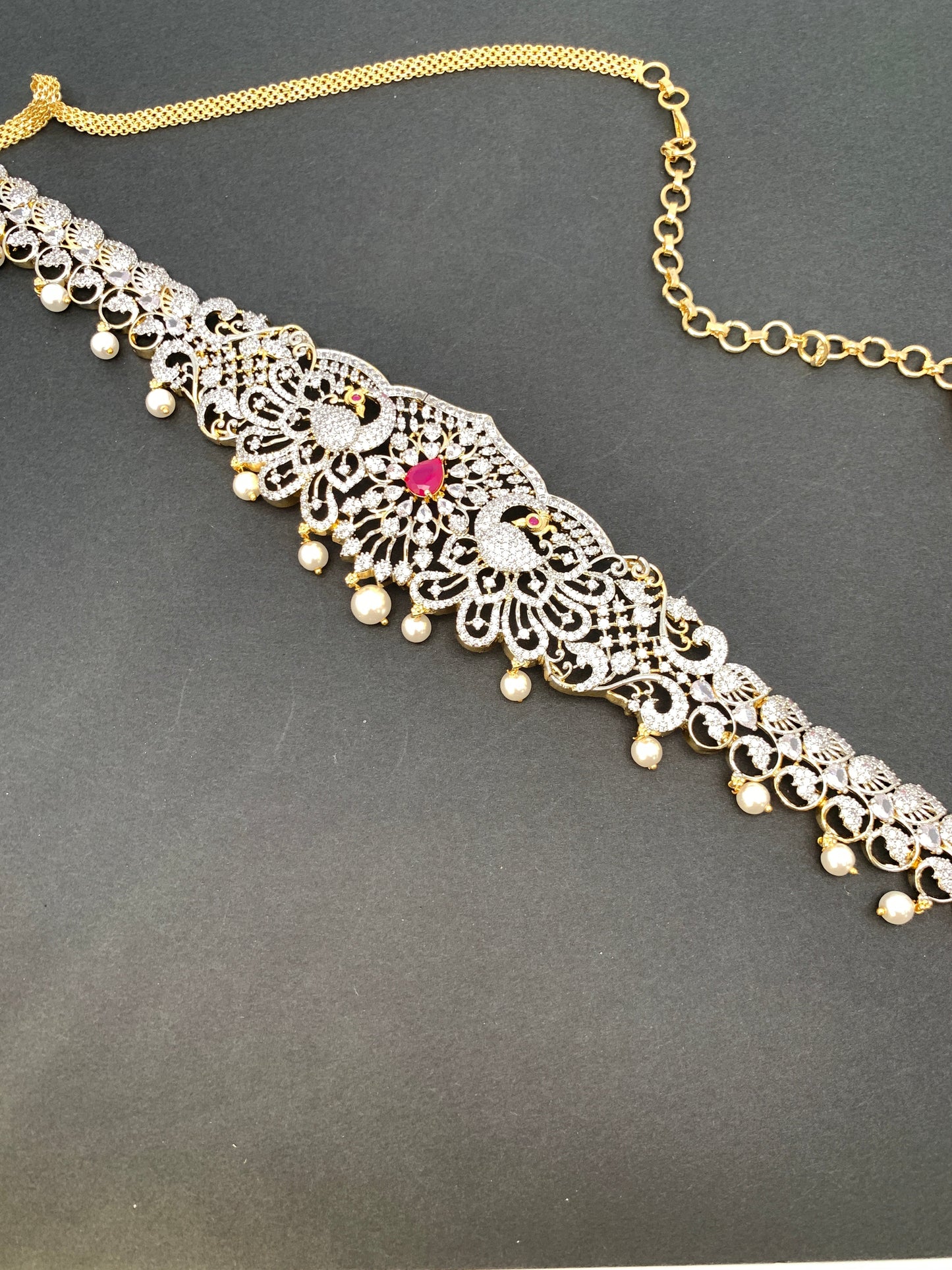 AD Red Stone Diamond Finish Waist Chain Vaddanam