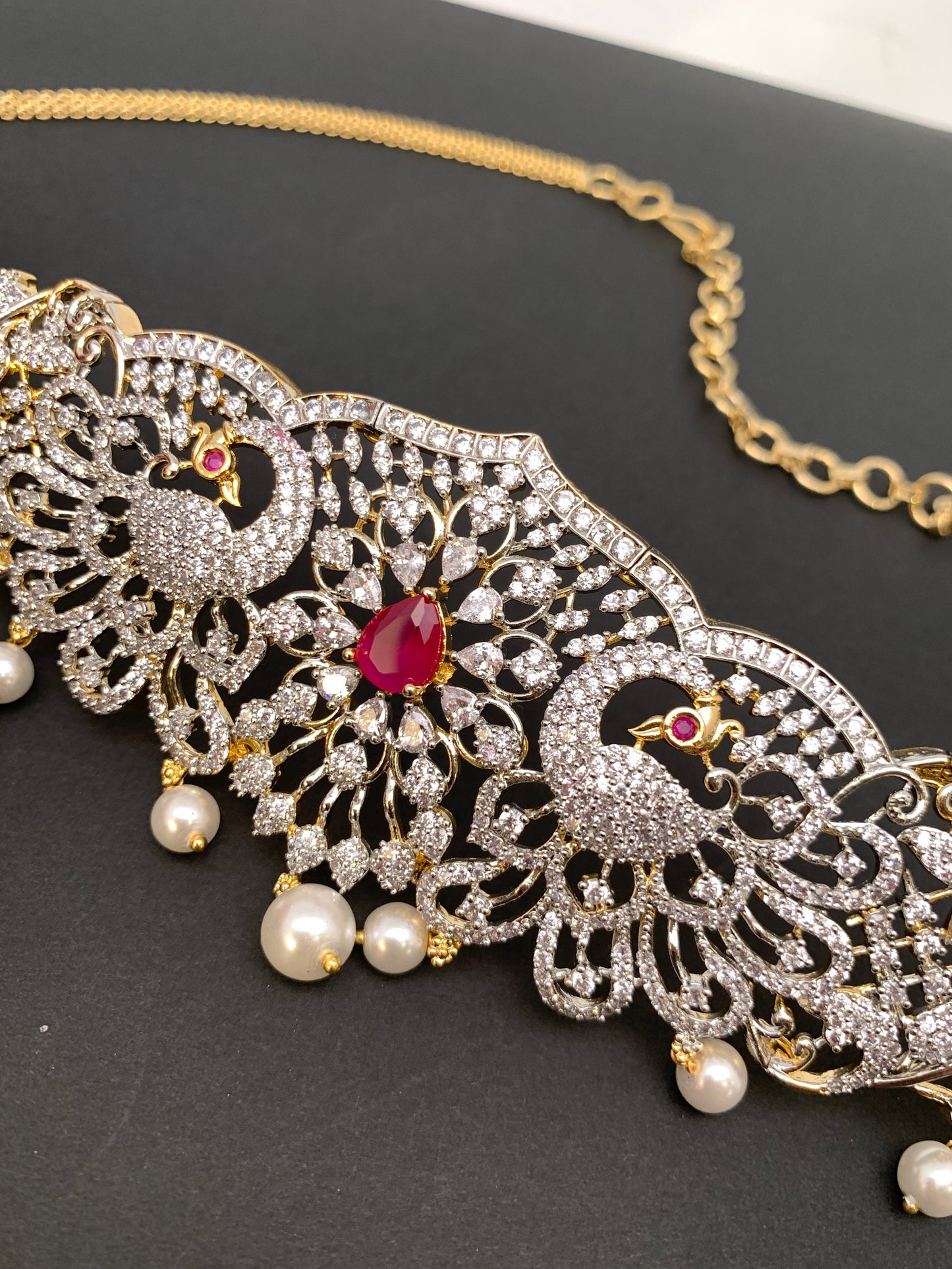 AD Red Stone Diamond Finish Waist Chain Vaddanam