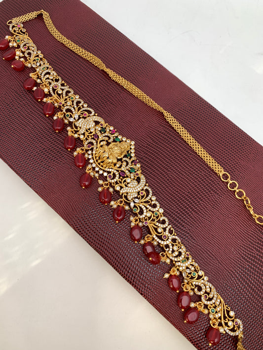 Goddess Lakshmi AD Red Green Stone Red Beads Matte Finish Waist Chain Vaddanam