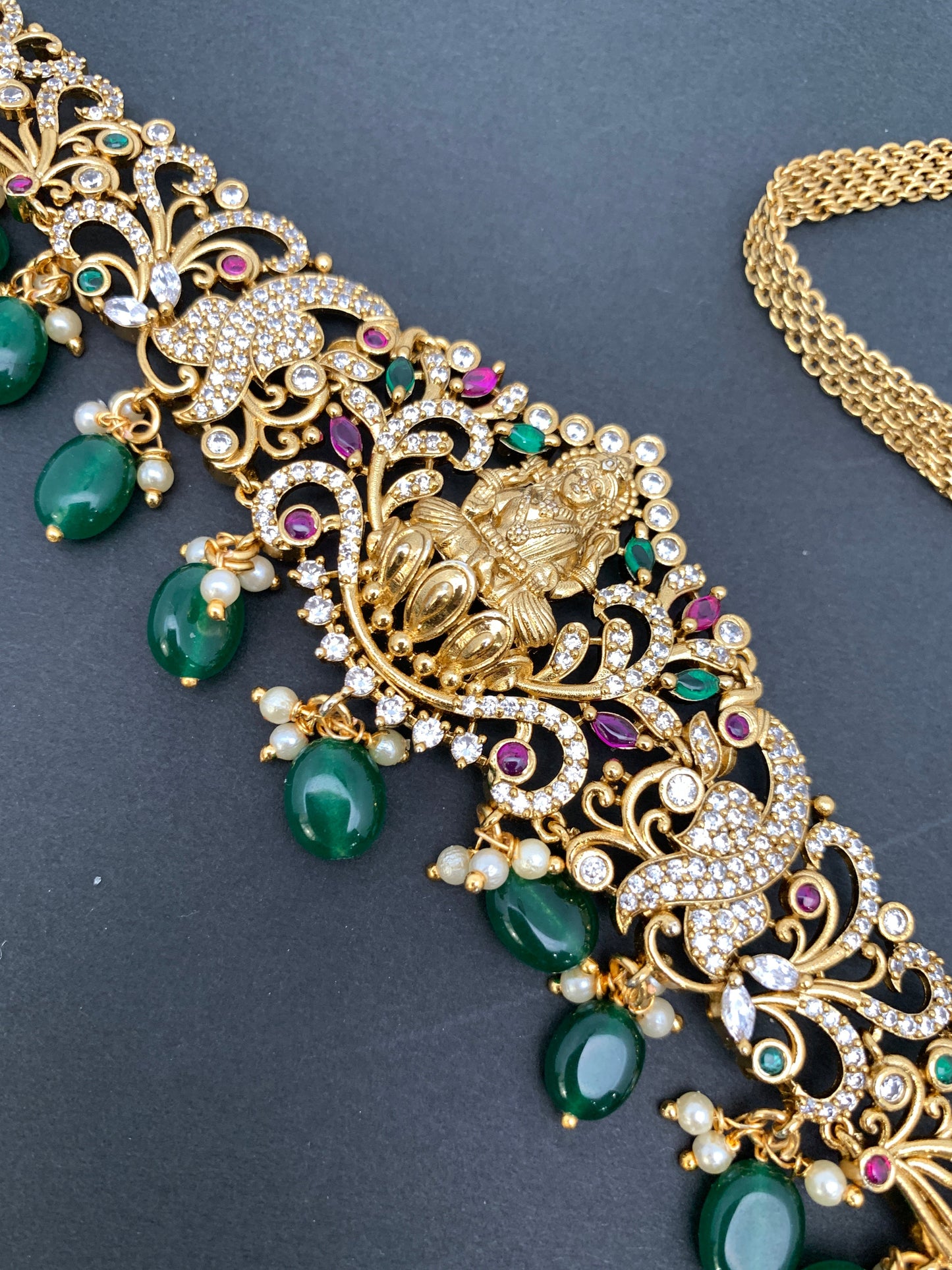 Goddess Lakshmi AD Red Green Stone Green Beads Matte Finish Waist Chain Vaddanam