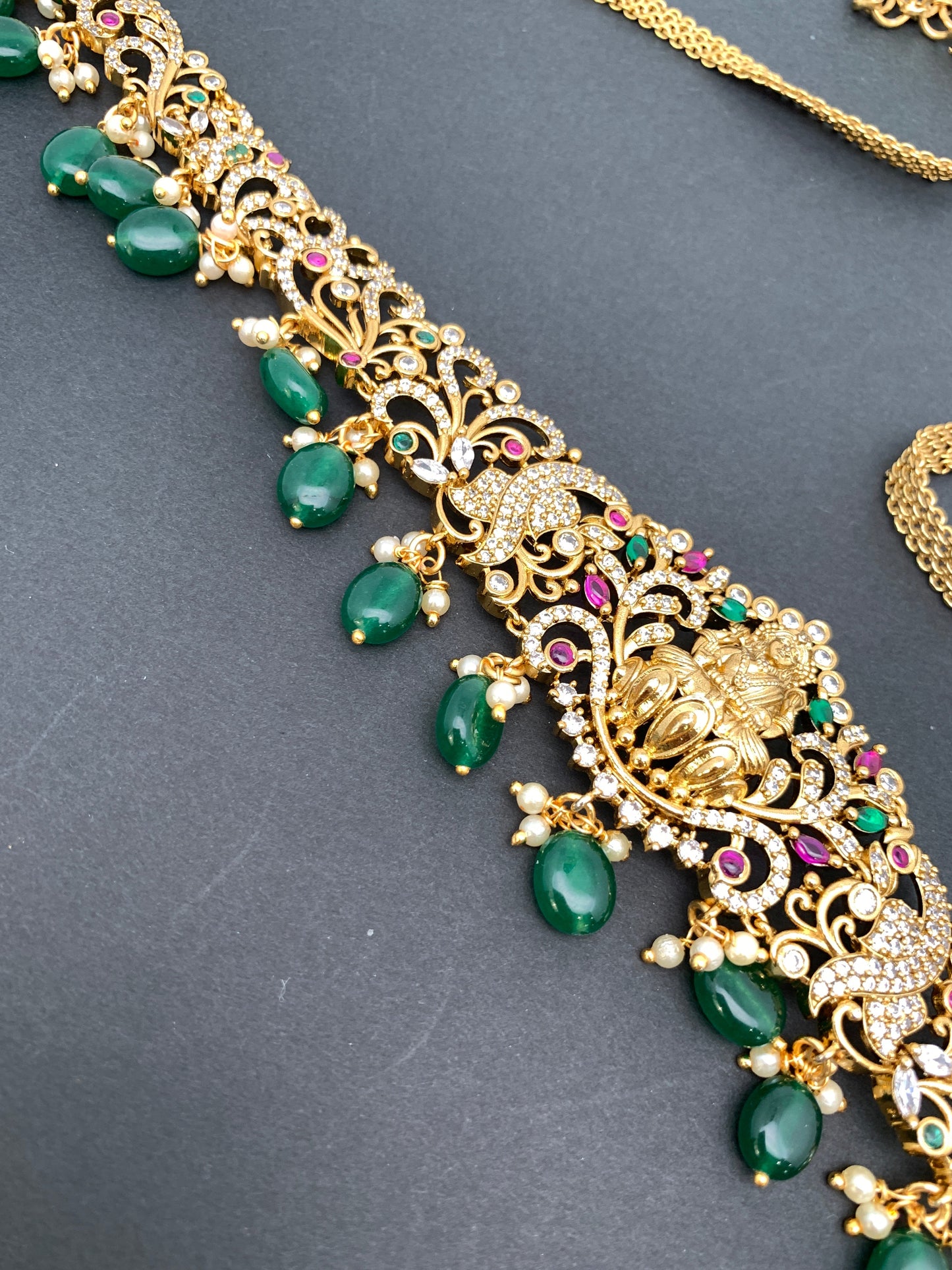Goddess Lakshmi AD Red Green Stone Green Beads Matte Finish Waist Chain Vaddanam