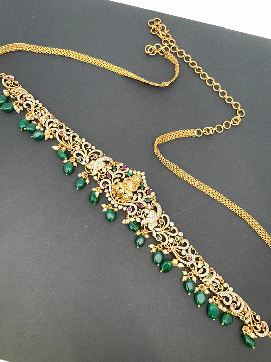 Goddess Lakshmi AD Red Green Stone Green Beads Matte Finish Waist Chain Vaddanam