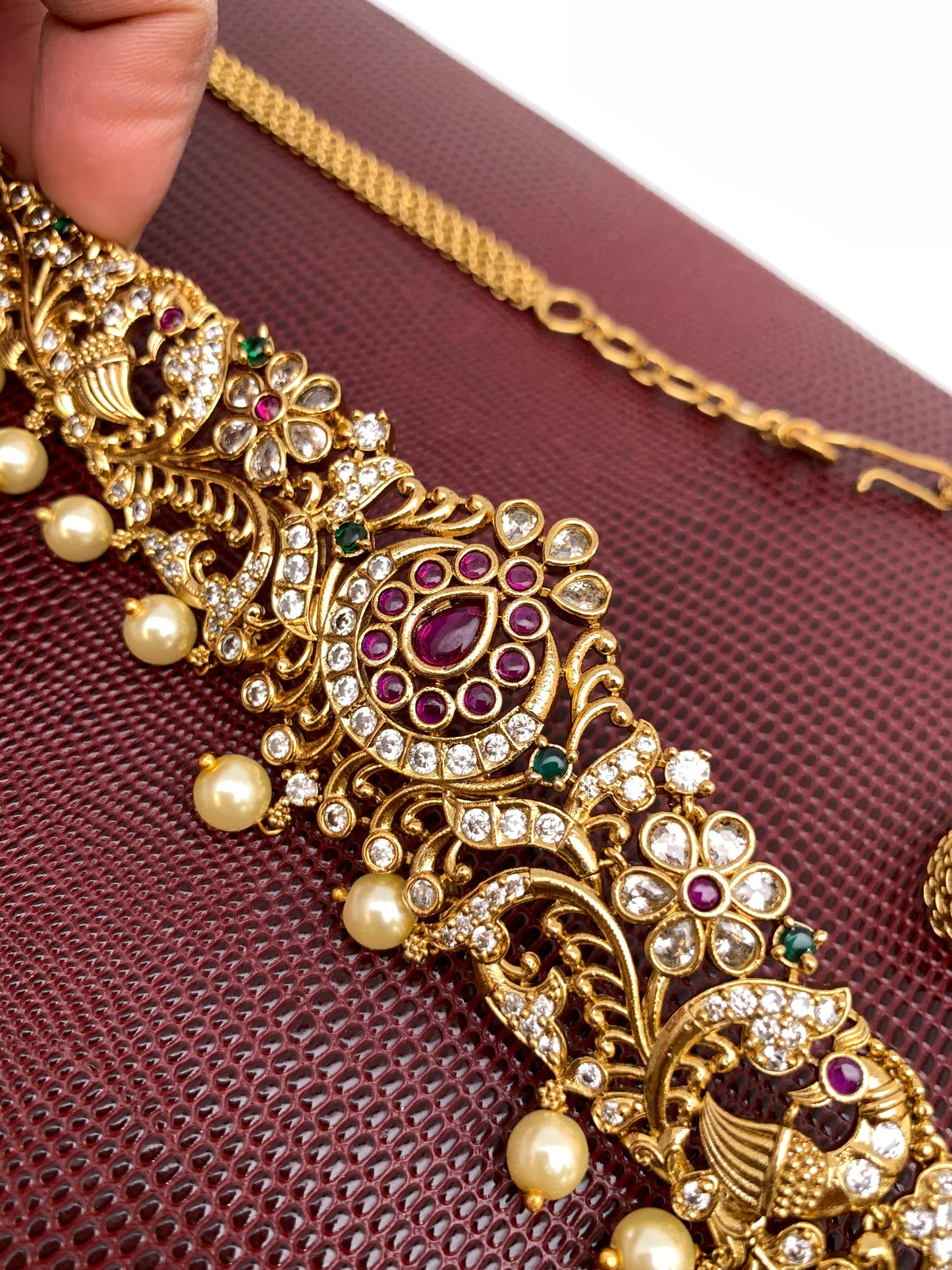 AD Red Green Stone Peacock Design Matte Finish Waist Chain Vaddanam