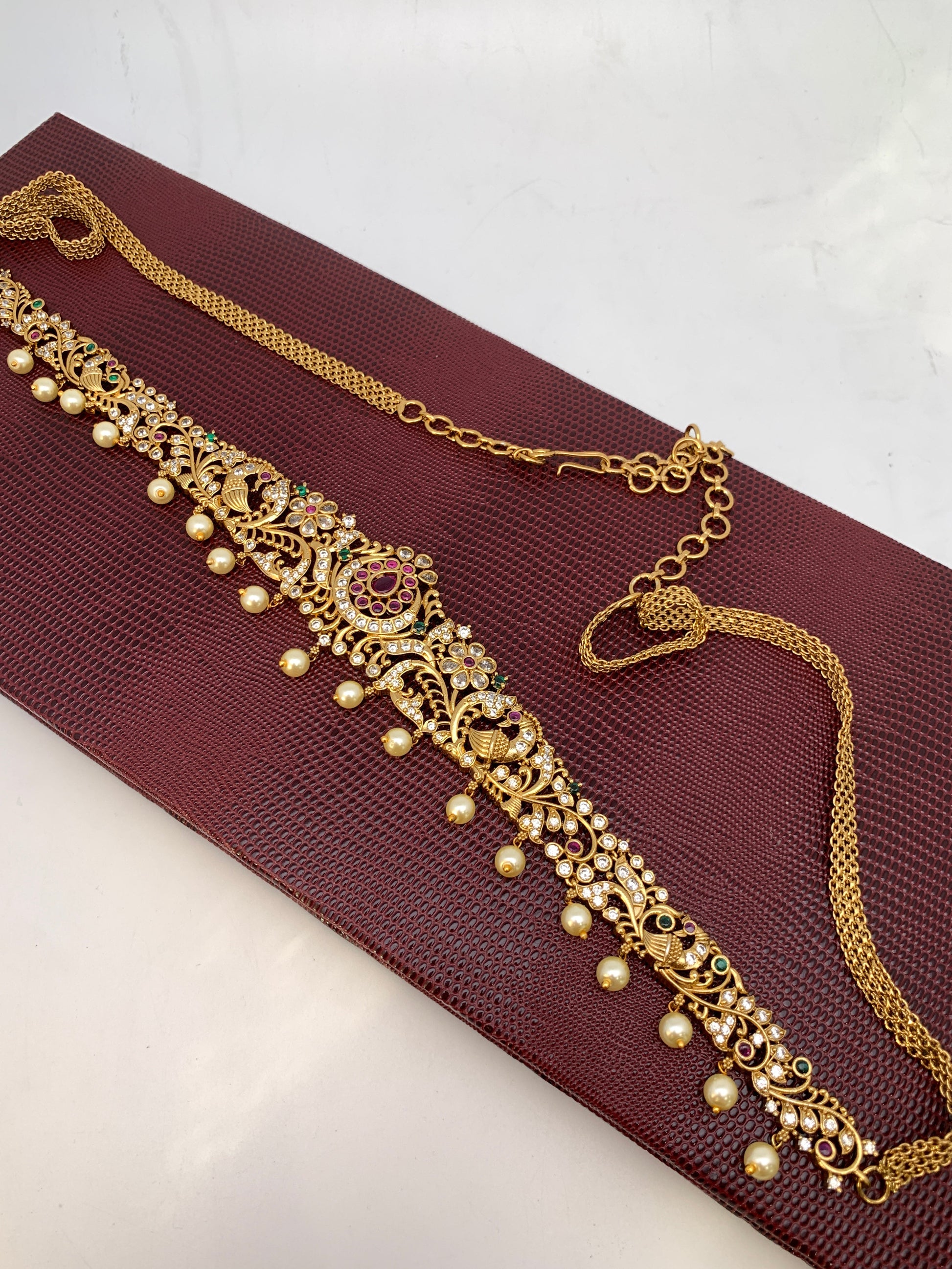 AD Red Green Stone Peacock Design Matte Finish Waist Chain Vaddanam