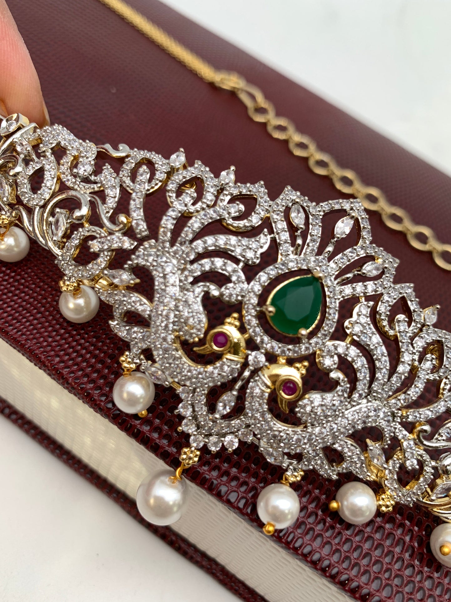 AD Green Stone Diamond Finish Peacock Design Waist Chain Vaddanam