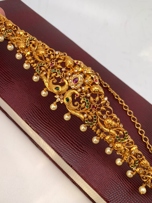 Peacock Nakshi AD Red Green Stone Matte Finish Kids Waist Chain Vaddanam