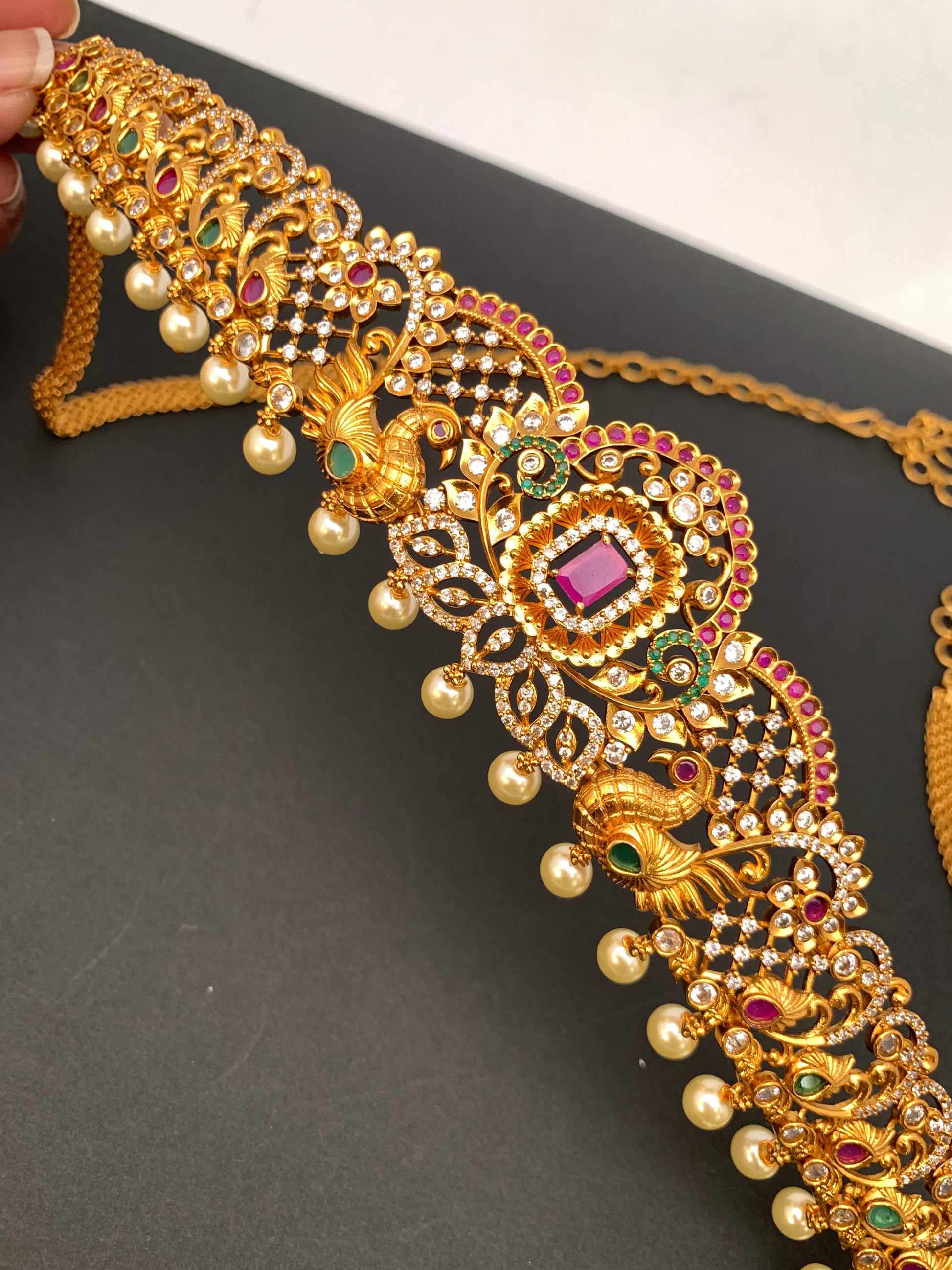 Peacock AD Red Green Stone Matte Finish Kids Waist Chain Vaddanam