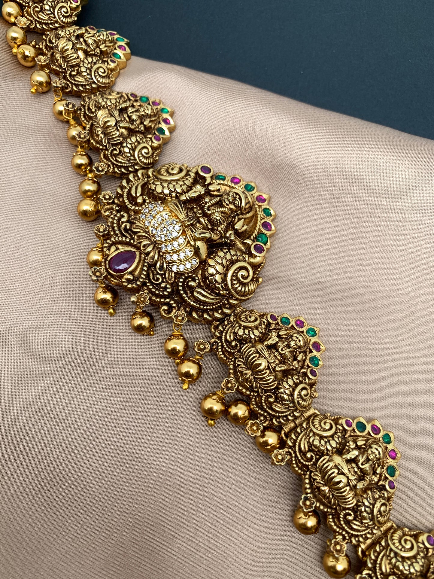 Goddess Lakshmi Nakshi AD Red Green Stone Matte Finish Waist Chain Vaddanam