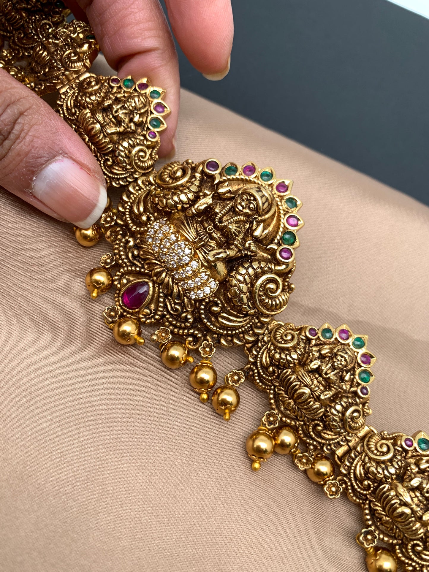 Goddess Lakshmi Nakshi AD Red Green Stone Matte Finish Waist Chain Vaddanam
