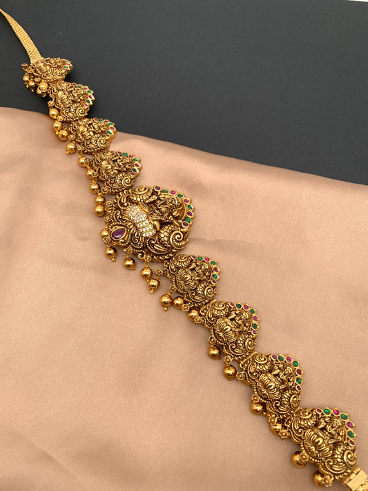 Goddess Lakshmi Nakshi AD Red Green Stone Matte Finish Waist Chain Vaddanam