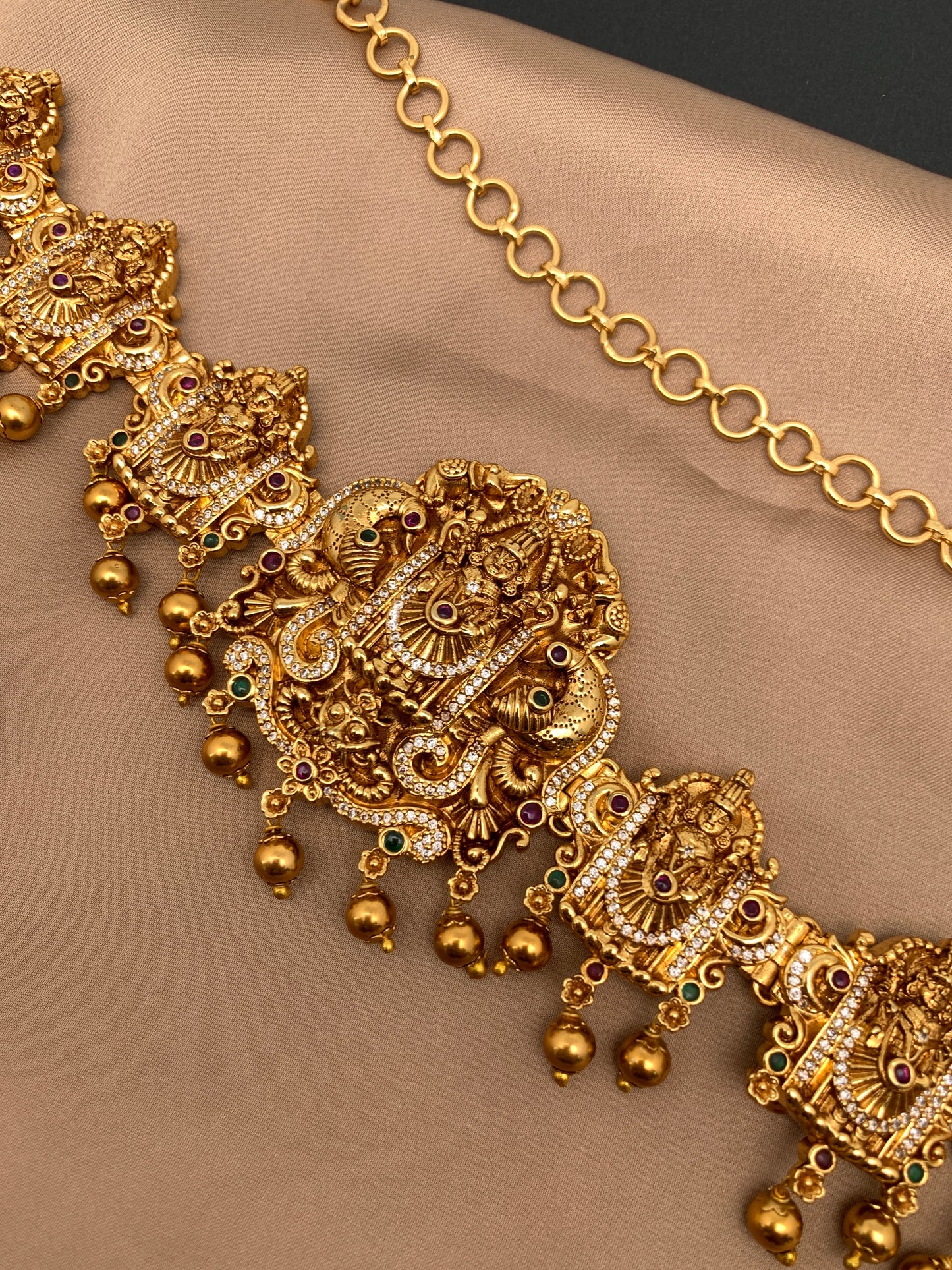 Lord Balaji Nakshi AD Red Green Stone Matte Finish Waist Chain Vaddanam