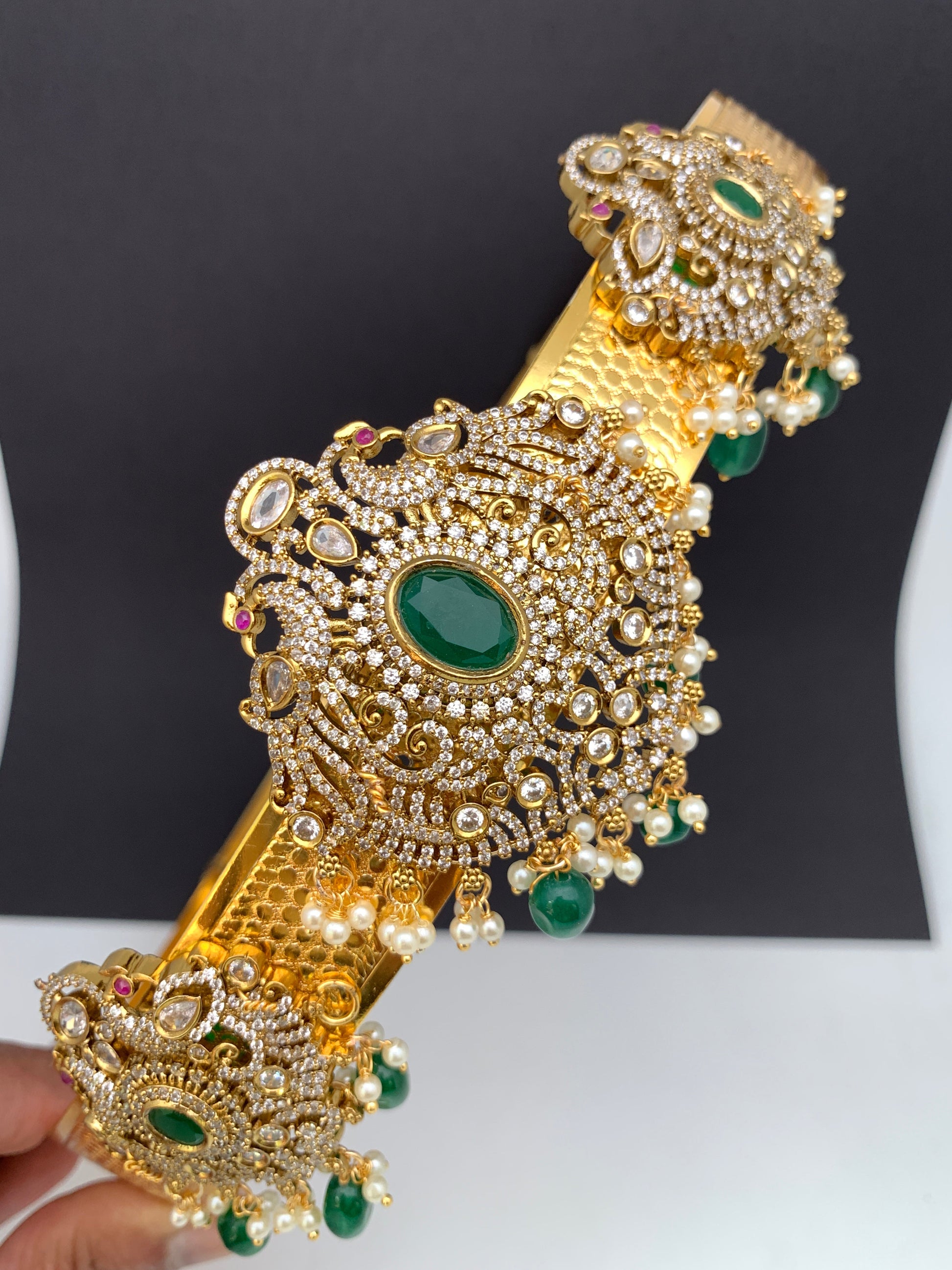 AD Peacock Green Stone Triple Motifs Hip Belt Vaddanam - Green
