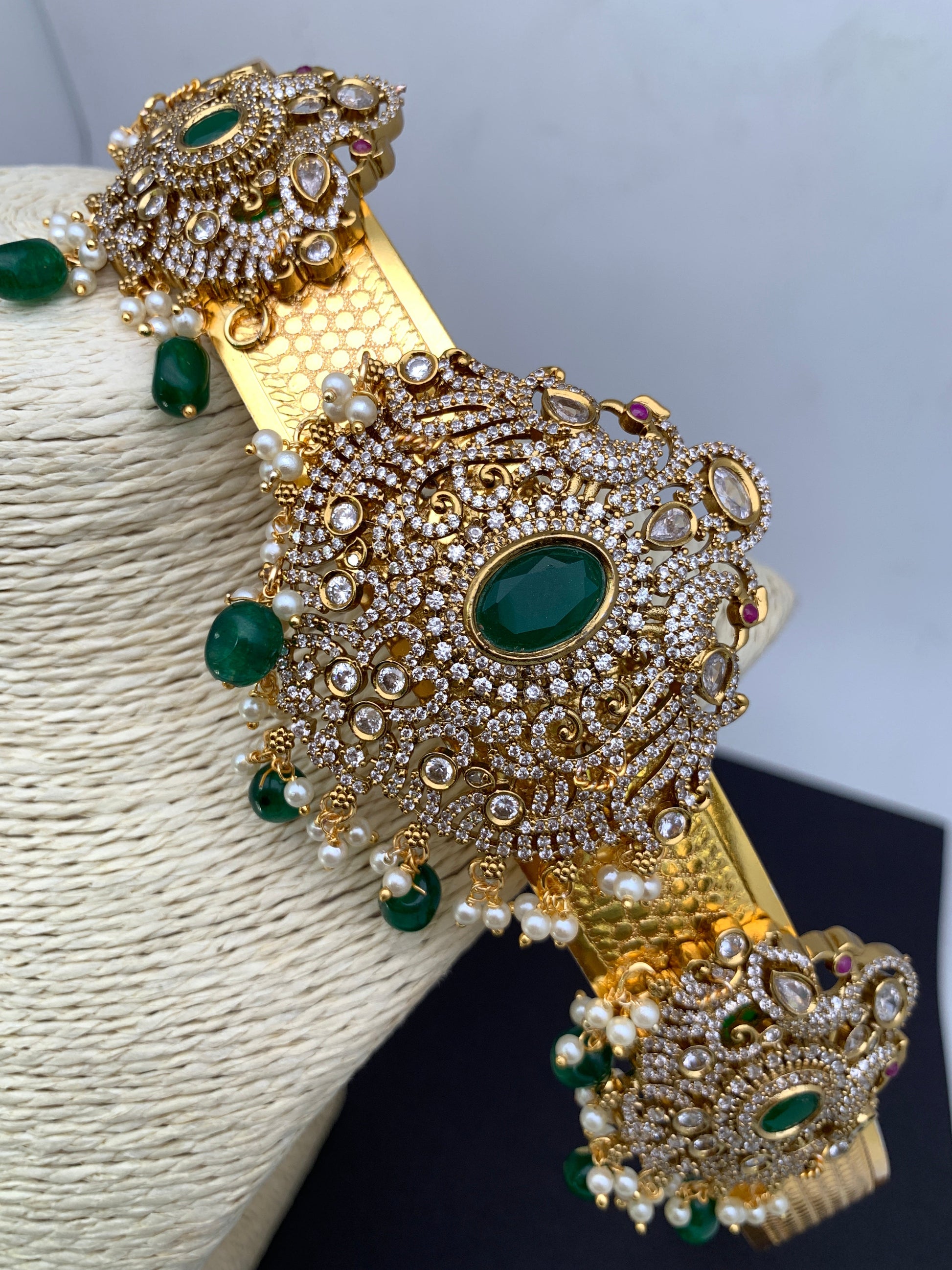 AD Peacock Green Stone Triple Motifs Hip Belt Vaddanam - Green