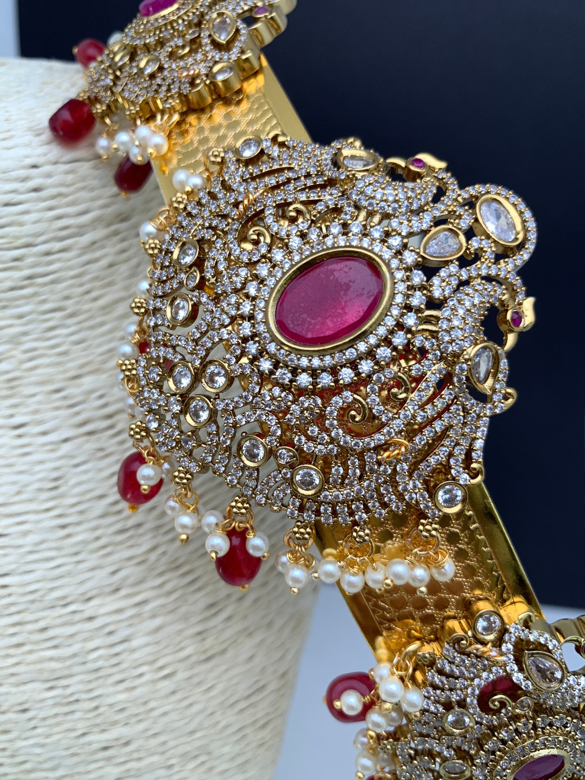 AD Peacock Red Stone Triple Motifs Hip Belt Vaddanam - Red