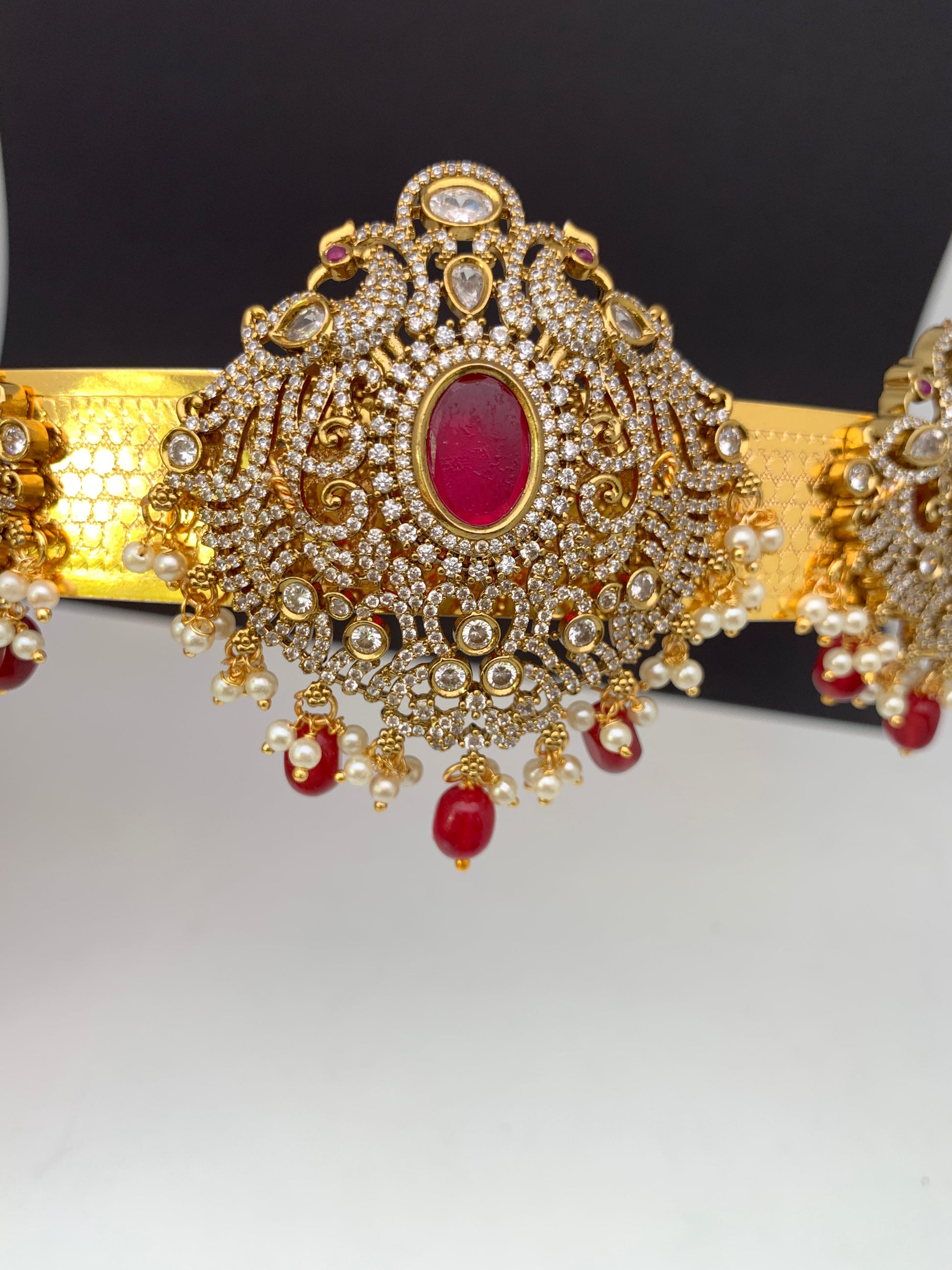 AD Peacock Red Stone Triple Motifs Hip Belt Vaddanam - Red