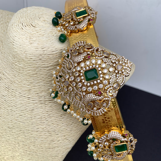 AD Color Stone Triple Motif Hip Belt Vaddanam - Green