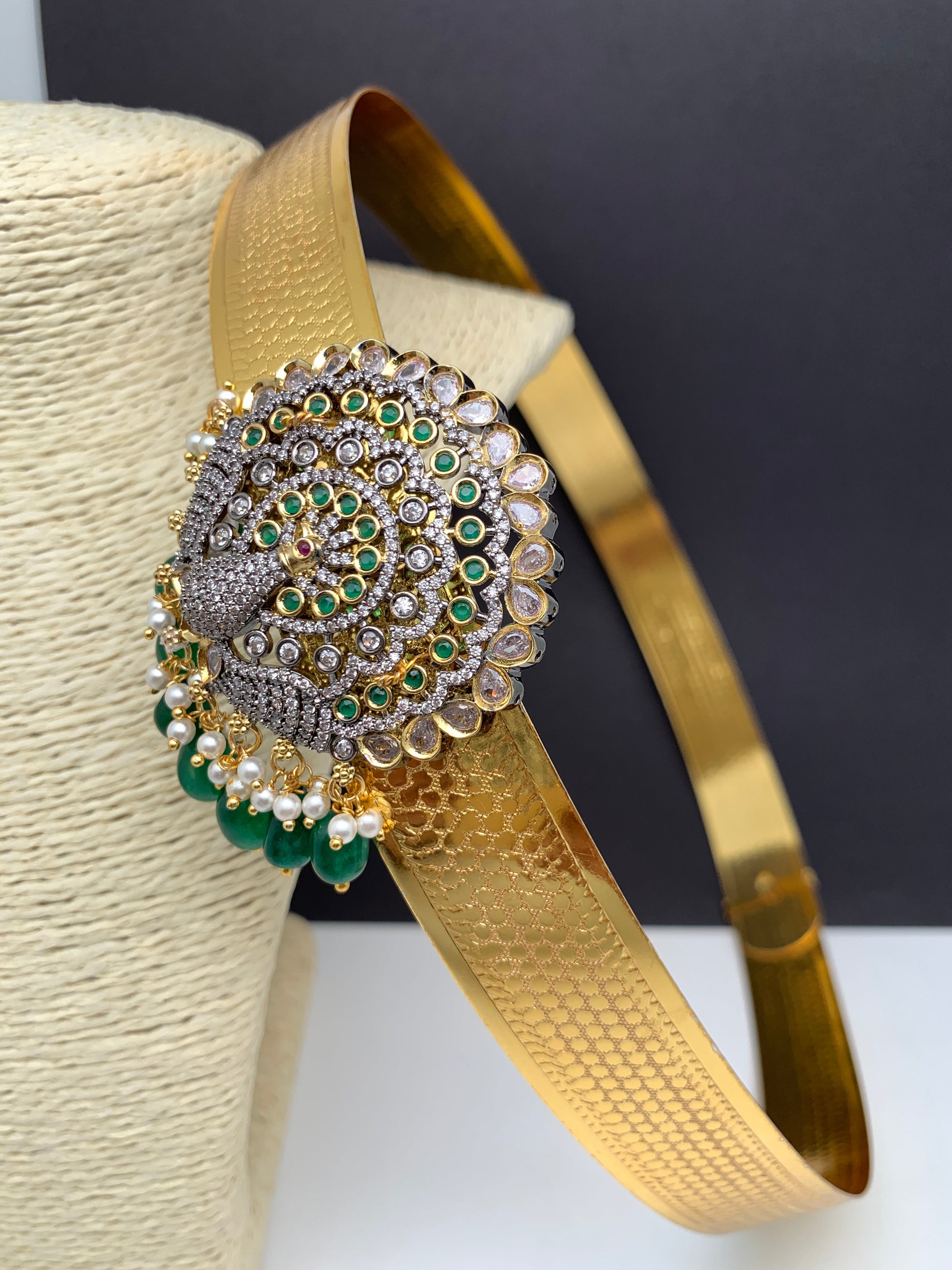 AD Peacock Color Stone Color Beads Motif Hip Belt Vaddanam - Green